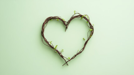 heart shape made of intertwined vines with small green leaves on pale green background