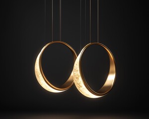 Two illuminated golden rings hanging against a dark background.