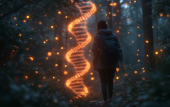Woman hiking in mystical forest with glowing DNA helix. - Powered by Adobe