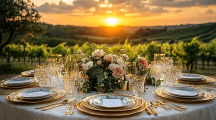 Fotobehang Tuscan sunset vineyard wedding table setting © irawan710