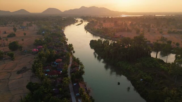 Aerial Laos at sunset of Don det and 4000 island Mekong river drone footage travel destination 