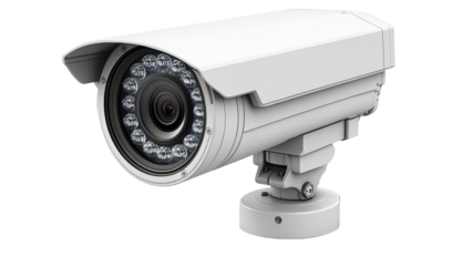 A camera with a black and white lens and a white body. The camera is lit up with a bright light