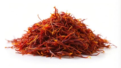 Naklejka premium Saffron isolated on white background, spice, herb, cooking, ingredient, close-up, yellow, red, threads