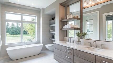 Fototapeta premium The luxurious modern bathroom features a large mirror reflecting minimalist shelves with high-end vanity products, soft natural daylight, and subtle gray tones.