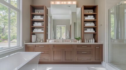 The luxurious modern bathroom features a large mirror reflecting minimalist shelves with high-end vanity products, soft natural daylight, and subtle gray tones.