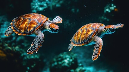 Obraz premium Two colorful sea turtles swimming over coral reef