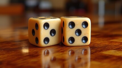 Two dice on wooden table, game night, reflection