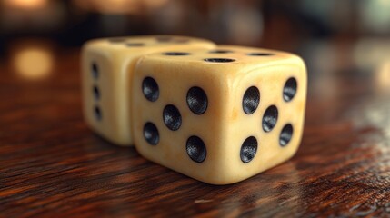 Two dice roll on wooden table, bar background, gambling game
