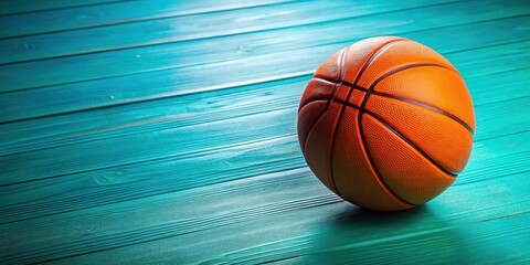 Orange basketball on vibrant turquoise wooden gym floor creating a striking contrast , sports, basketball, gym, floor, wooden