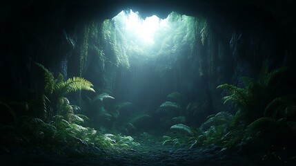 Lush Greenery Illuminates Dark Cave Entrance