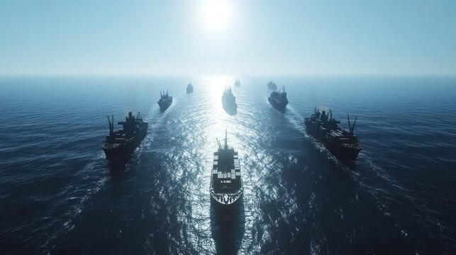 Aerial view of a cargo ship convoy: Several ships sailing in formation, carrying goods across a vast ocean under clear skies.