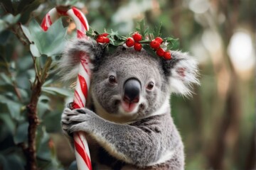 Fototapeta premium Festive closeup portrait of a grey and white koala bear holding a candy cane with a wreath on its head.