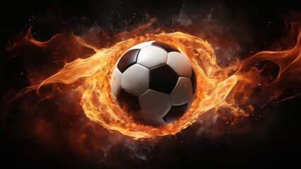 Naklejka premium Soccer ball in fiery explosion with swirling flames creating energy. Black and white ball stands out in dynamic scene.