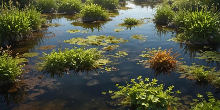 Muddy water surface with algae growth and aquatic plants, forest surroundings, atmospheric conditions