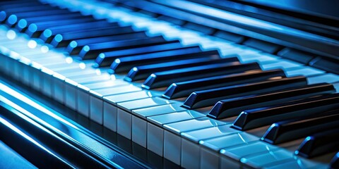 Fototapeta premium Close-up view of piano keys illuminated in soft blue light at night, piano, keys, keyboard, music, instrument