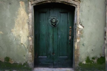 Ornate Weathered Wooden Door with Large Knocker in Stone Wall