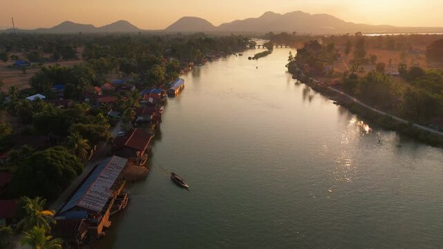 Aerial Laos at sunset of Don det and 4000 island Mekong river drone footage travel destination 