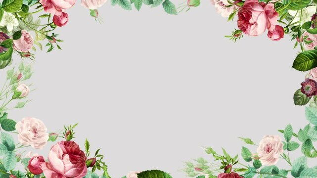 Animated Floral Card Frame, Growing and Blooming Flowers and Green Branches, Luma Channel Included