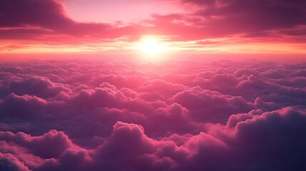 Aerial view of vibrant pink sunset above fluffy clouds.
