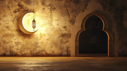 Crescent Moon Lantern Illuminates Islamic Archway Interior