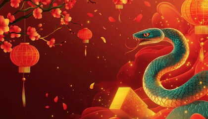 Obraz premium Lunar New Year Snake and Lanterns with Plum Blossoms on Red Background