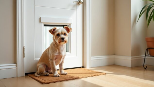 Smart Microchip Pet Door with Small Dog. Perfect for advertising innovative pet technology products, highlighting smart home solutions, showcasing pet-friendly designs for contemporary living spaces