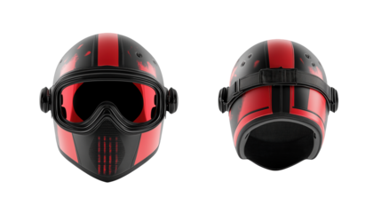 Red and Black Motorcycle Helmet with Goggles Front and Rear Views Safety Gear Sport Racing Protective Headwear