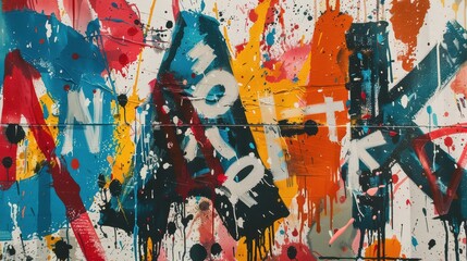 Fototapeta premium An abstract artwork featuring large letters printed with bad ink effect, surrounded by ink splashes and drips.