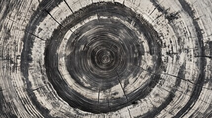 Warm gray cut wood texture. Detailed black and white texture of a felled tree trunk or stump. Rough organic tree rings with close up of end grain.