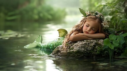 Fototapeta premium Enchanting Young Mermaid Asleep on Rock Surrounded by Lush Greenery in Peaceful Tranquil Setting