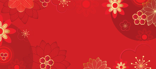 Chinese new year 2025 luxury pattern background vector. Oriental flower, leaves branch, butterfly on red background. Design illustration for wallpaper, card, poster, packaging, advertising.