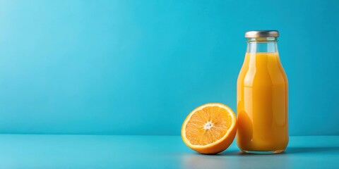 Naklejka premium Orange juice bottle with sliced orange and shadow on blue background, orange, juice, bottle, sliced, orange, shadow, blue