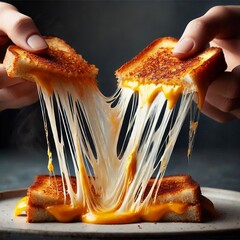 A close up of a grilled cheese sandwich being pulled apart with