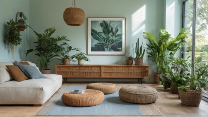Modern Living Room with Large Window and Natural View, Wooden Sideboard and Hanging Baskets