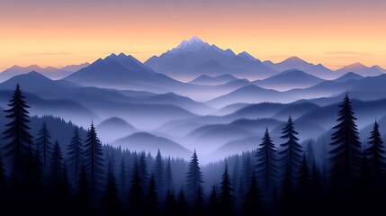 Obraz premium Majestic Mountains at Dusk Over a Misty Forest