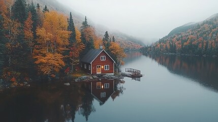 Fototapeta premium Autumnal lake house, misty mountains, calm water reflection, peaceful escape