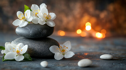 Zen spa stones and a delicate white flower arranged on a serene background in bright minimalistic tones symbolizing balance peace harmony and relaxation with ample copy space for design use

