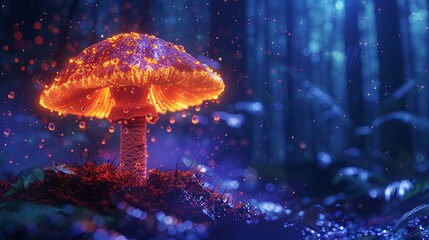 Neon-lit glowing mushroom in a dark forest, with drops and luminous backlighting, hyperdetailed and faded