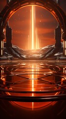 Obraz premium Digital technology amber and red spacecraft poster background