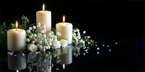 candles light fire white flower dark background mock up copy paste text blank space
