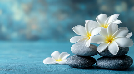 Zen spa stones and a delicate white flower arranged on a serene background in bright minimalistic tones symbolizing balance peace harmony and relaxation with ample copy space for design use

