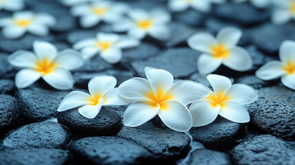 Zen spa stones and a delicate white flower arranged on a serene background in bright minimalistic tones symbolizing balance peace harmony and relaxation with ample copy space for design use

