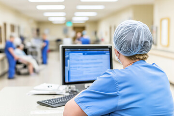 Healthcare female professional working on computer in hospital setting