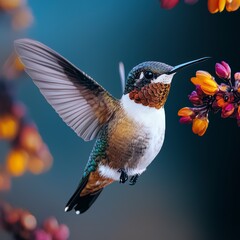 Obraz premium Hummingbird in Flight Colorful Flowers Nature Wildlife Bird