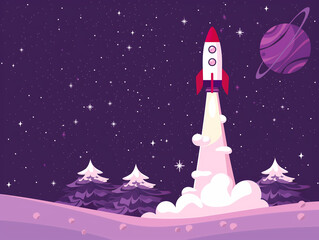 Colorful Rocket Launching Into Space Amid Stars and Planetary Background