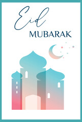 Ramadan Kareem Greeting Card. Islamic template with mosque and crescent, stars. Poster, media banner. Vector illustration, gradient colors