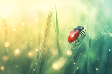 Ladybug on green wheat field, close up.