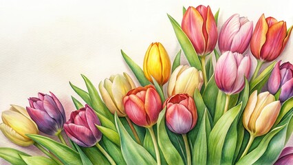 Obraz premium Vibrant Tulips on Soft White Paper , botanical illustration, nature scene