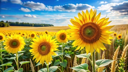 Fototapeta premium Tall bright yellow sunflowers with big petals standing in a green field of wheat on a sunny day , wheat, sunflowers, wheat