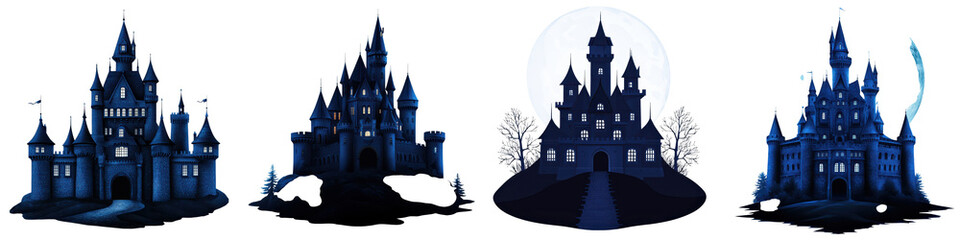 Obraz premium Dramatic silhouettes of towering medieval castles set against a mystical moonlit fantasy landscape The dark ominous castles evoke a sense of wonder mystery and enchantment with their spires turrets